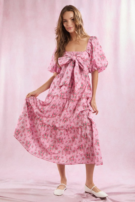 Vrouwen Maxi Jurk Met Bloemenprint Voorzijde Strik Detail 2
