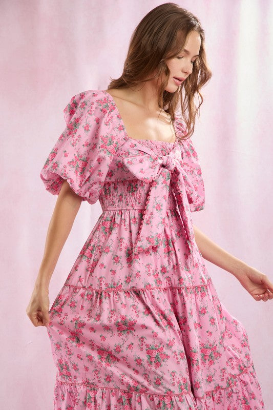 Vrouwen Maxi Jurk Met Bloemenprint Voorzijde Strik Detail 3