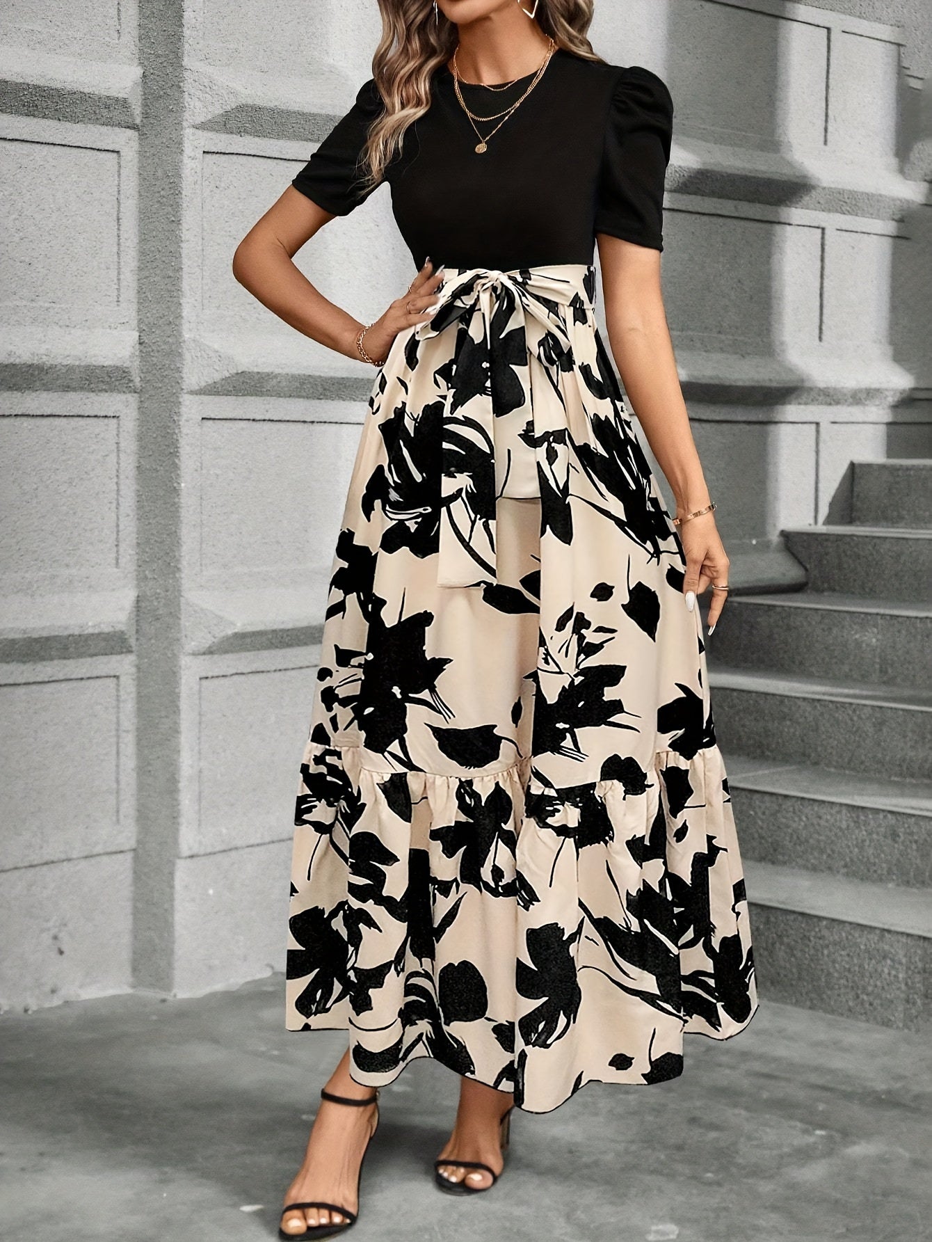 Vrouwen Maxi Jurk Puff Korte Mouwen Tailleband A-Lijn Bloemenprint 3