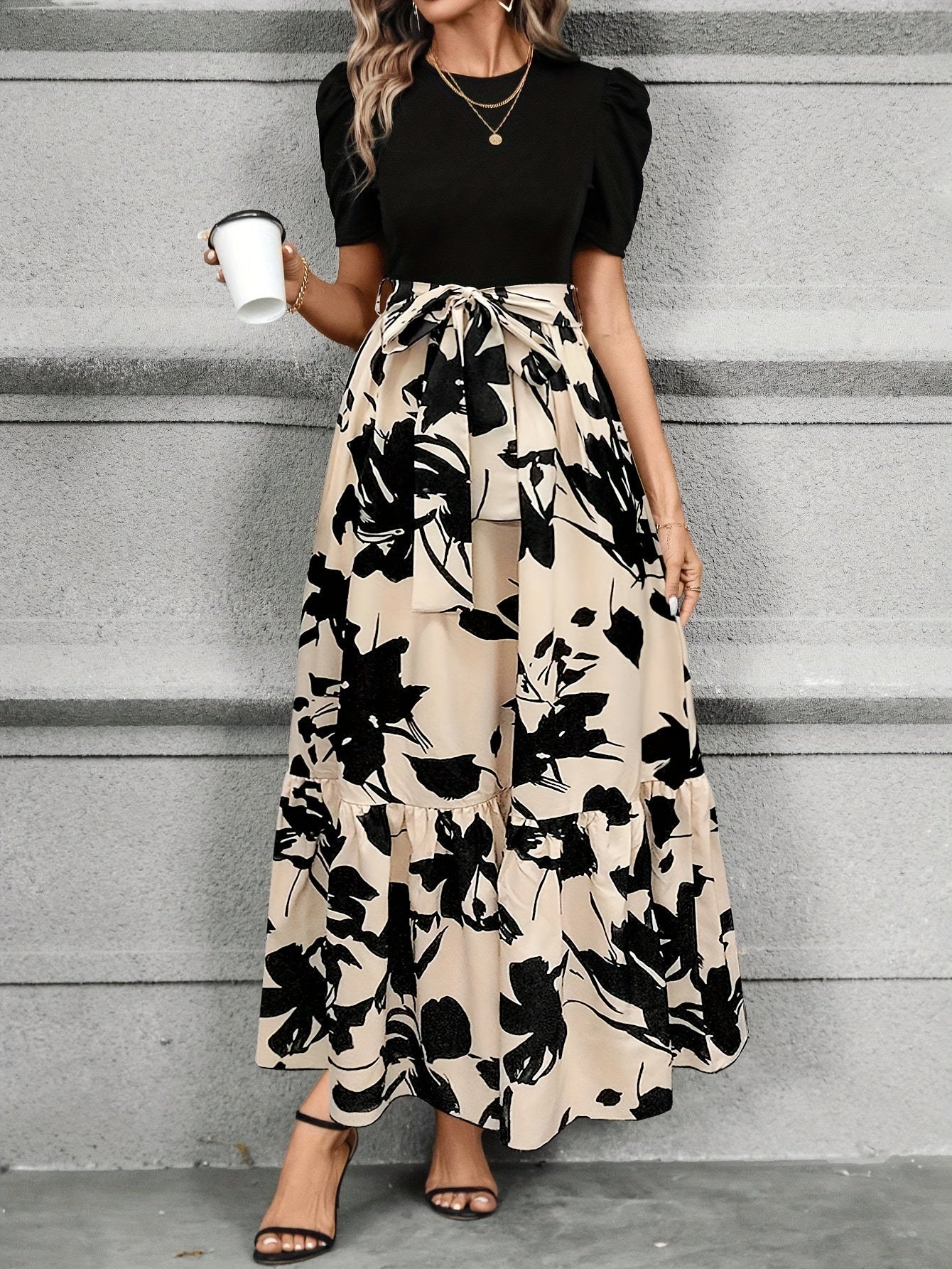 Vrouwen Maxi Jurk Puff Korte Mouwen Tailleband A-Lijn Bloemenprint 4
