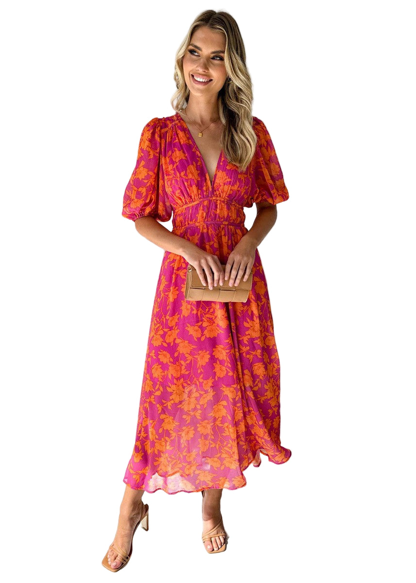 Vrouwen Maxi Jurk V-Hals Bloemenprint met Puff Mouwen 0