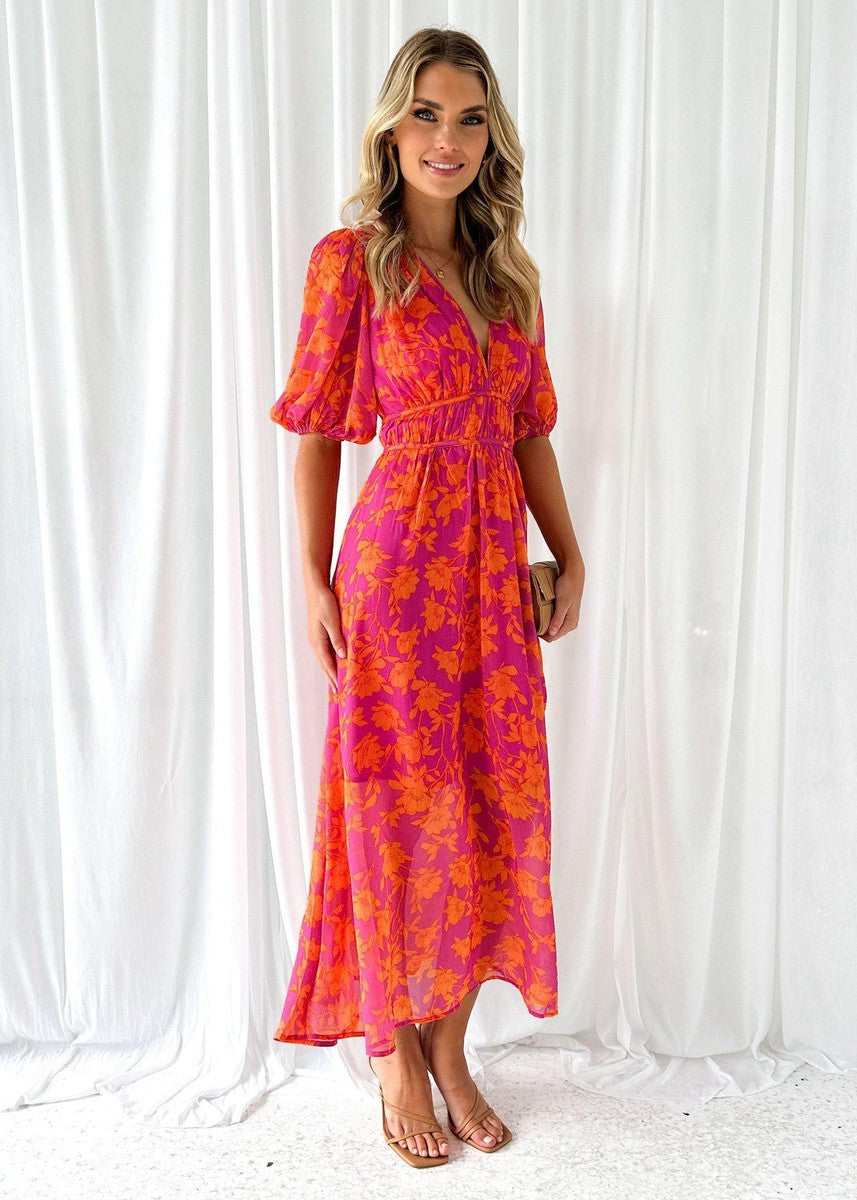 Vrouwen Maxi Jurk V-Hals Bloemenprint met Puff Mouwen 1