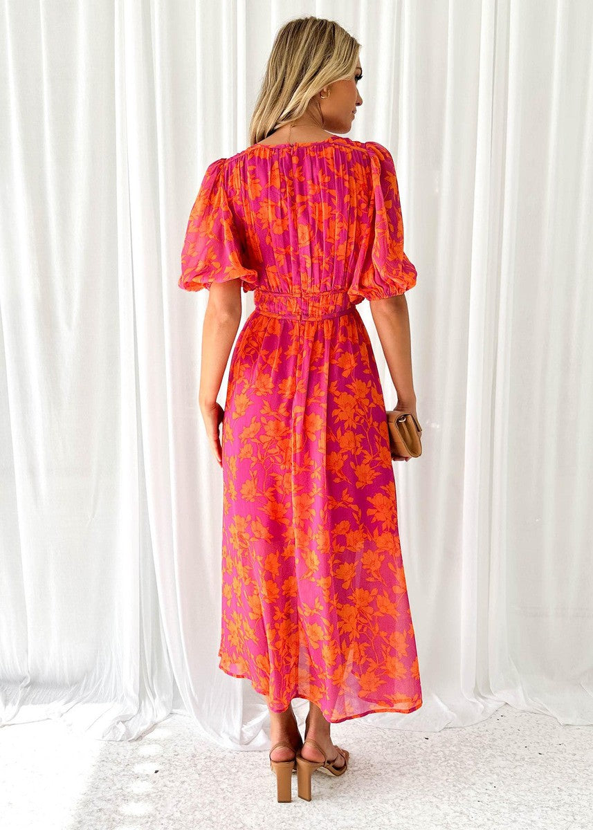 Vrouwen Maxi Jurk V-Hals Bloemenprint met Puff Mouwen 2