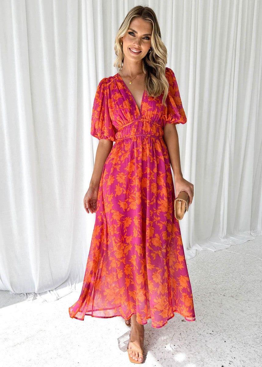 Vrouwen Maxi Jurk V-Hals Bloemenprint met Puff Mouwen 3
