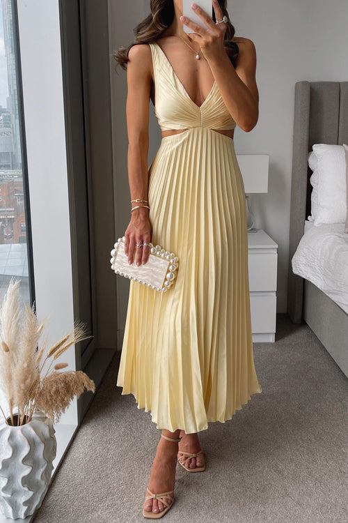 Vrouwen Maxi Jurk V-Hals Cut Out Taille Zonder Mouwen Geplooid 3