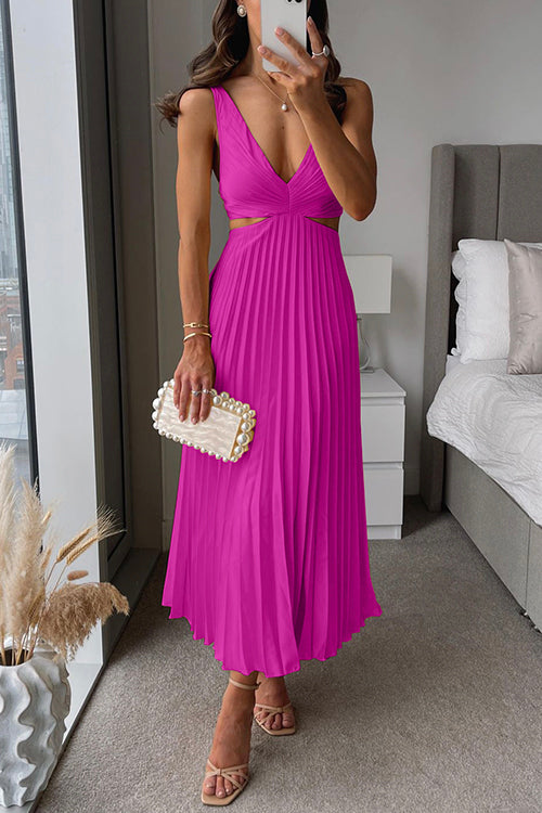Vrouwen Maxi Jurk V-Hals Cut Out Taille Zonder Mouwen Geplooid 5