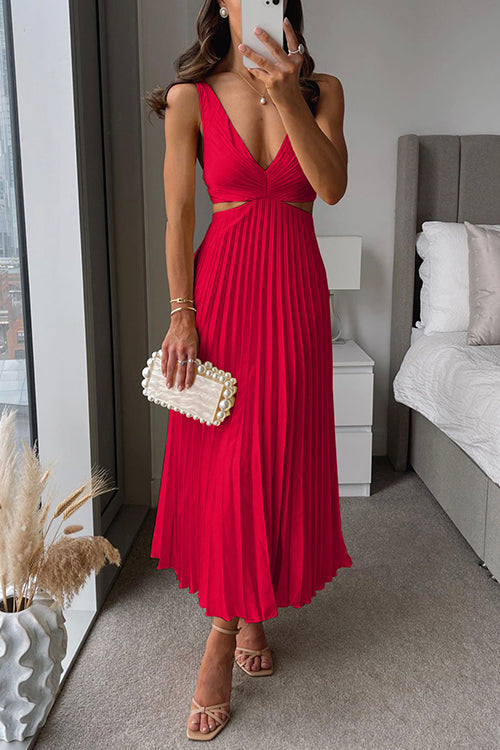 Vrouwen Maxi Jurk V-Hals Cut Out Taille Zonder Mouwen Geplooid 8