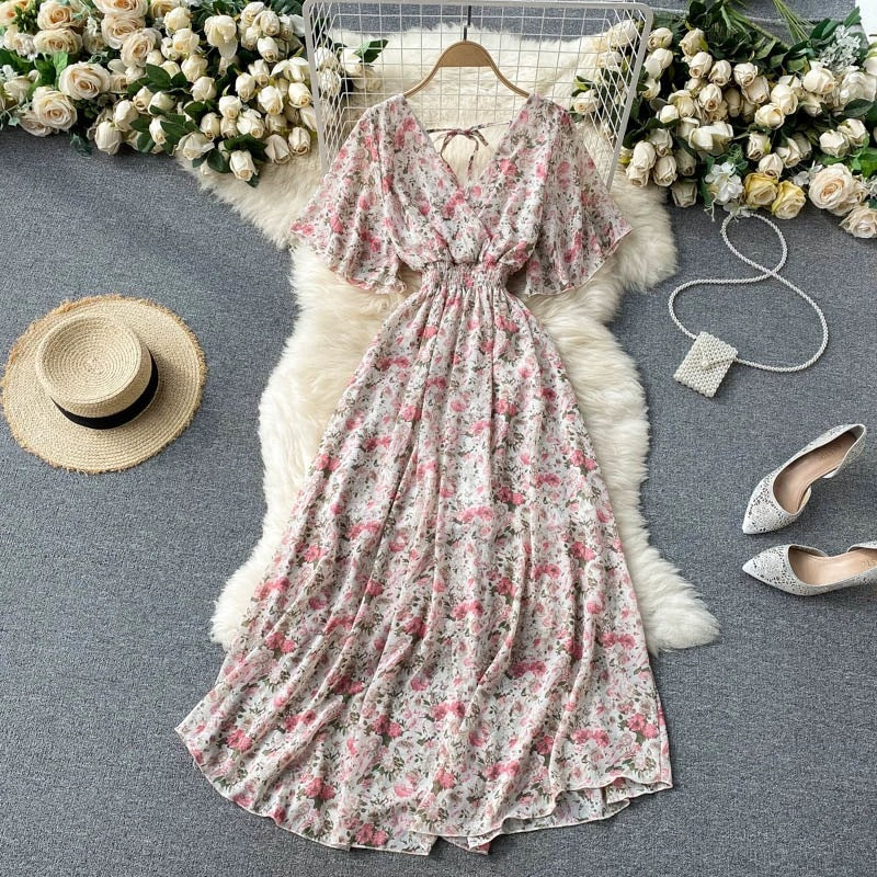 Vrouwen Maxi Jurk V-Hals Gekruiste Taille Korte Mouwen 2