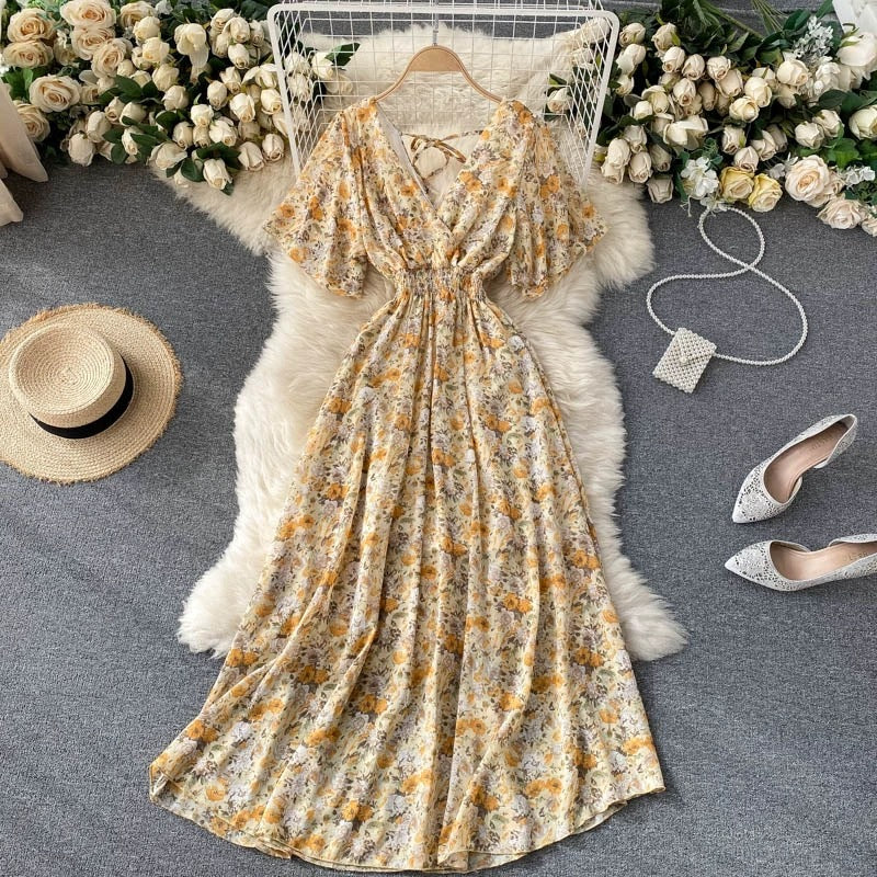 Vrouwen Maxi Jurk V-Hals Gekruiste Taille Korte Mouwen 5