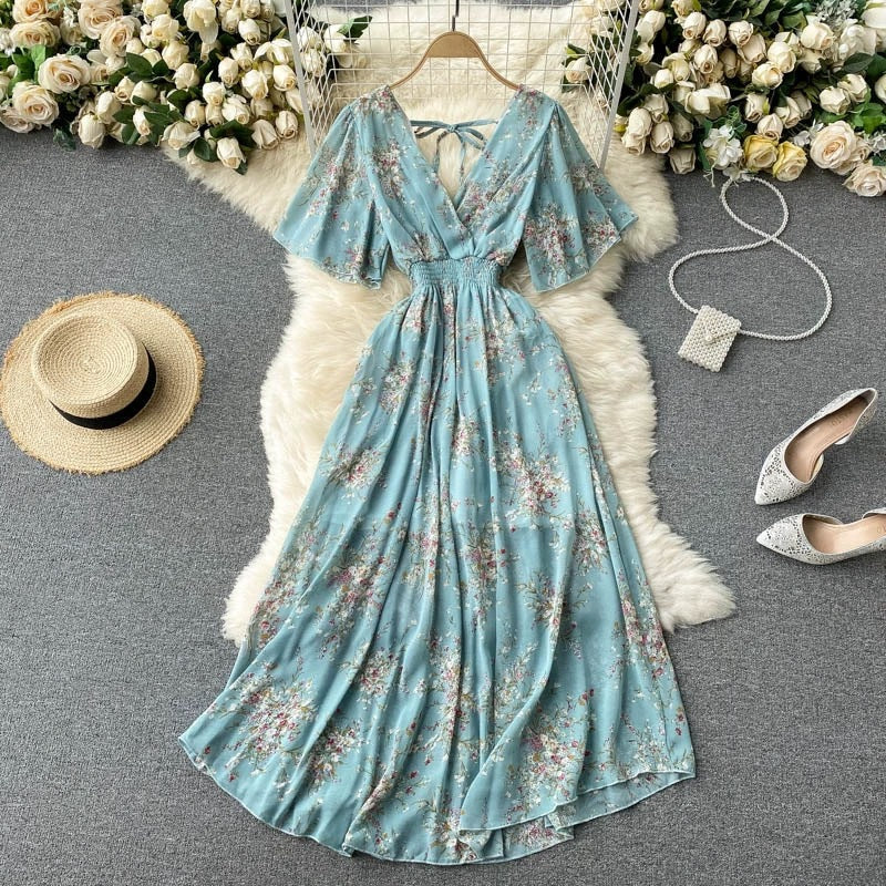 Vrouwen Maxi Jurk V-Hals Gekruiste Taille Korte Mouwen 6