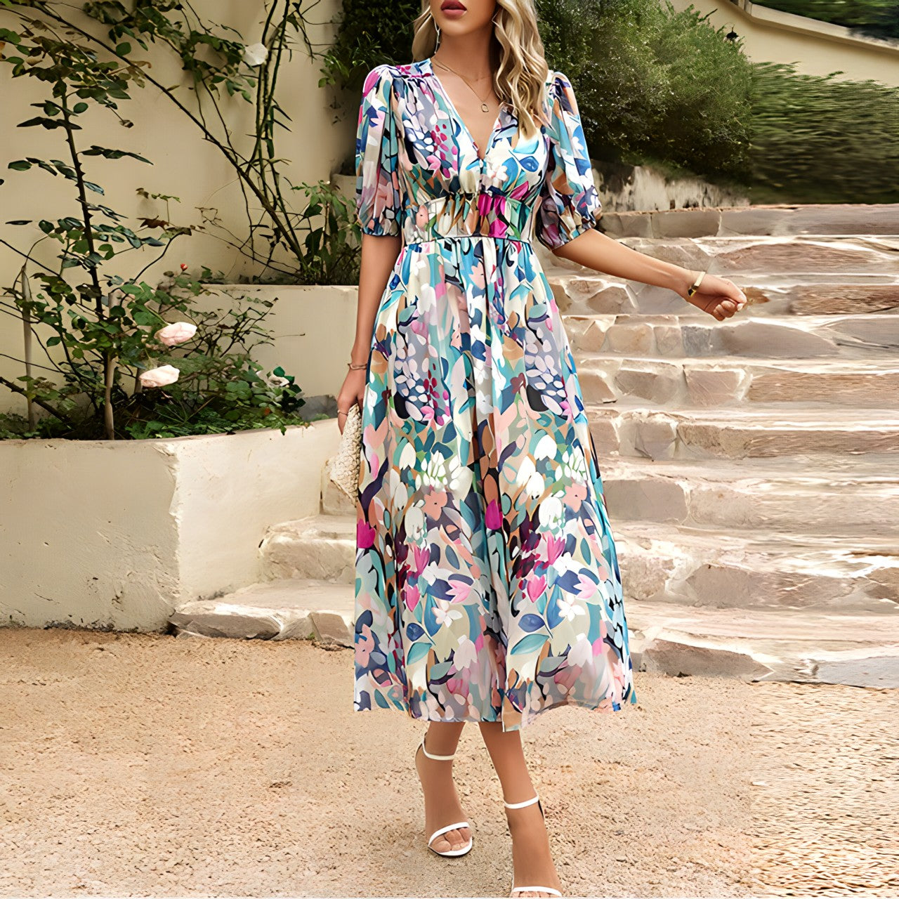 Vrouwen Midi Jurk V-Hals Bloemenontwerp Zomer Kleding Dames 8