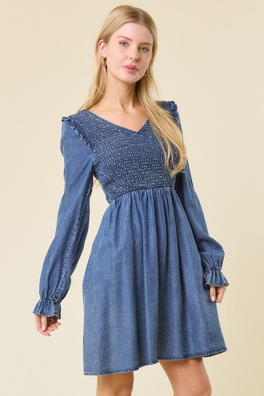 Vrouwen Mini Jurk V-Hals Gerimpeld Denim 1