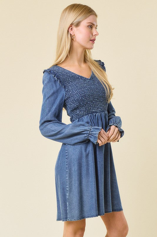 Vrouwen Mini Jurk V-Hals Gerimpeld Denim 2