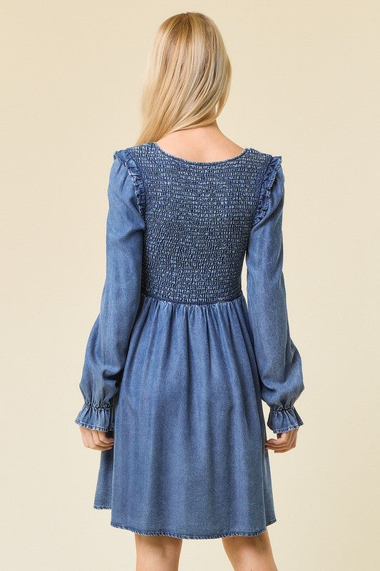 Vrouwen Mini Jurk V-Hals Gerimpeld Denim 3