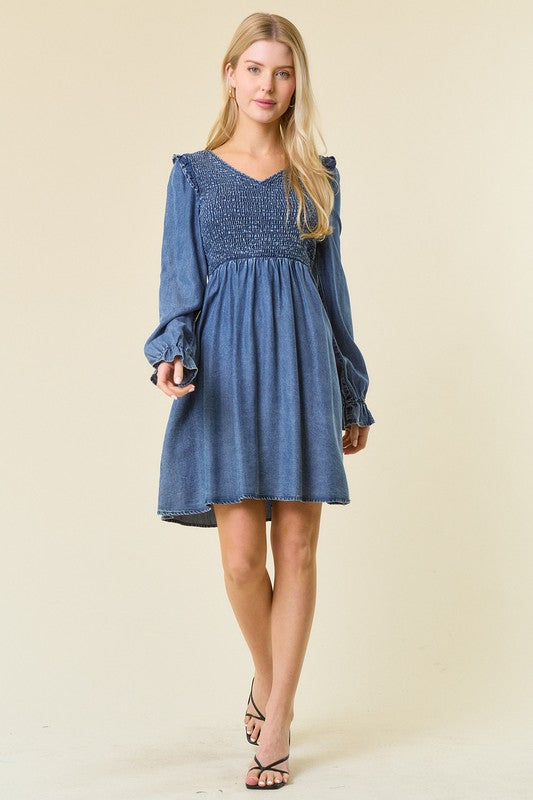 Vrouwen Mini Jurk V-Hals Gerimpeld Denim 4