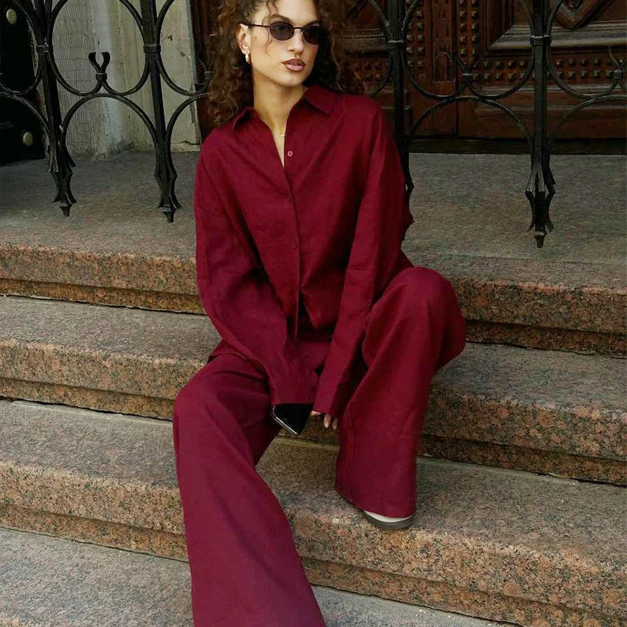 Vrouwen Twee-Piece Set Oversized Overhemd en Wijd-Pantalon Linnenmix 2