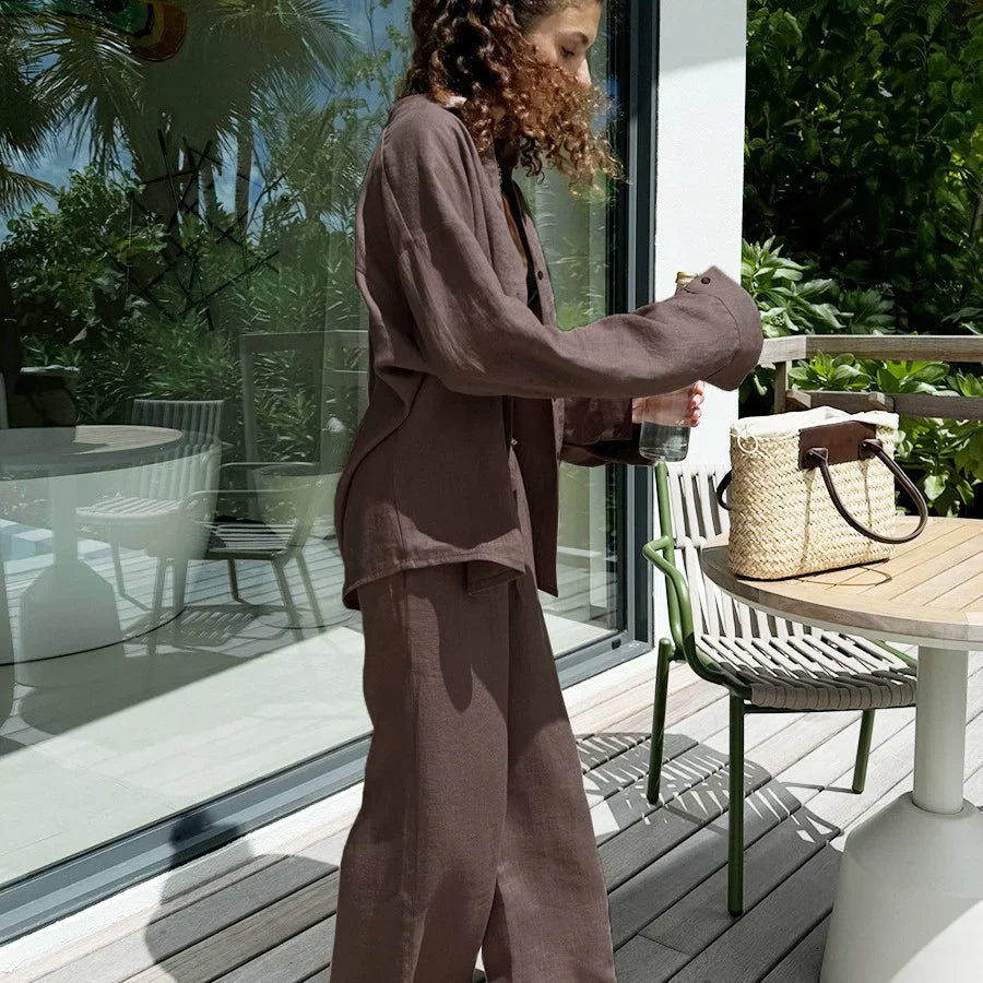 Vrouwen Twee-Piece Set Oversized Overhemd en Wijd-Pantalon Linnenmix 4