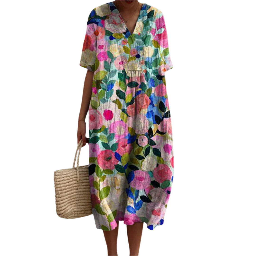 Vrouwen Zomerjurk Met Bloemenprint En V-Hals 0