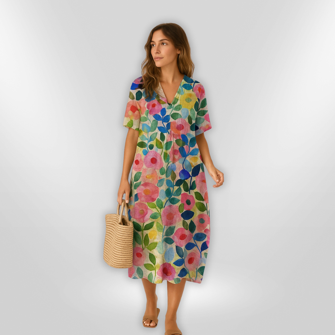 Vrouwen Zomerjurk Met Bloemenprint En V-Hals 1