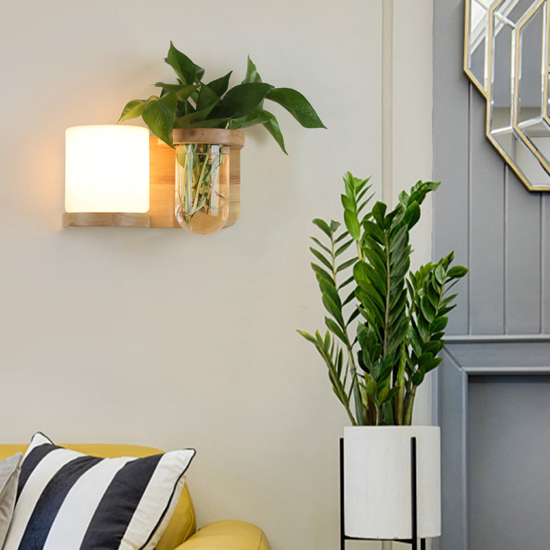 Wandlamp met Glazen Schaduw en Houten Basis 3