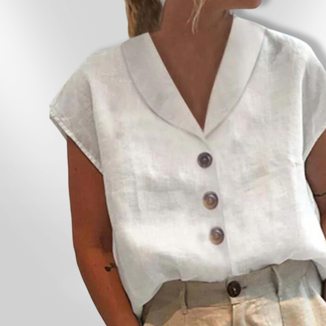 Witte Blouse Dames Met Brede Kraag en Oversized Knopen, Vloeiende Snit, Ademend Materiaal 1