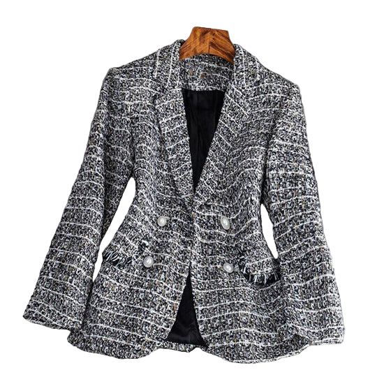 Zwarte Dames Blazer Dubbelgeknoopt in Tailored Fit van Luxe Tweed Stof 0
