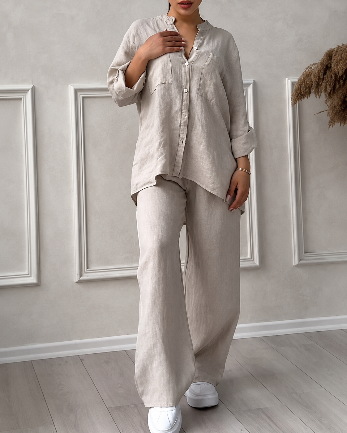 Dames Comfy Two Piece Set Wijde Pijpen En Knoopsluiting