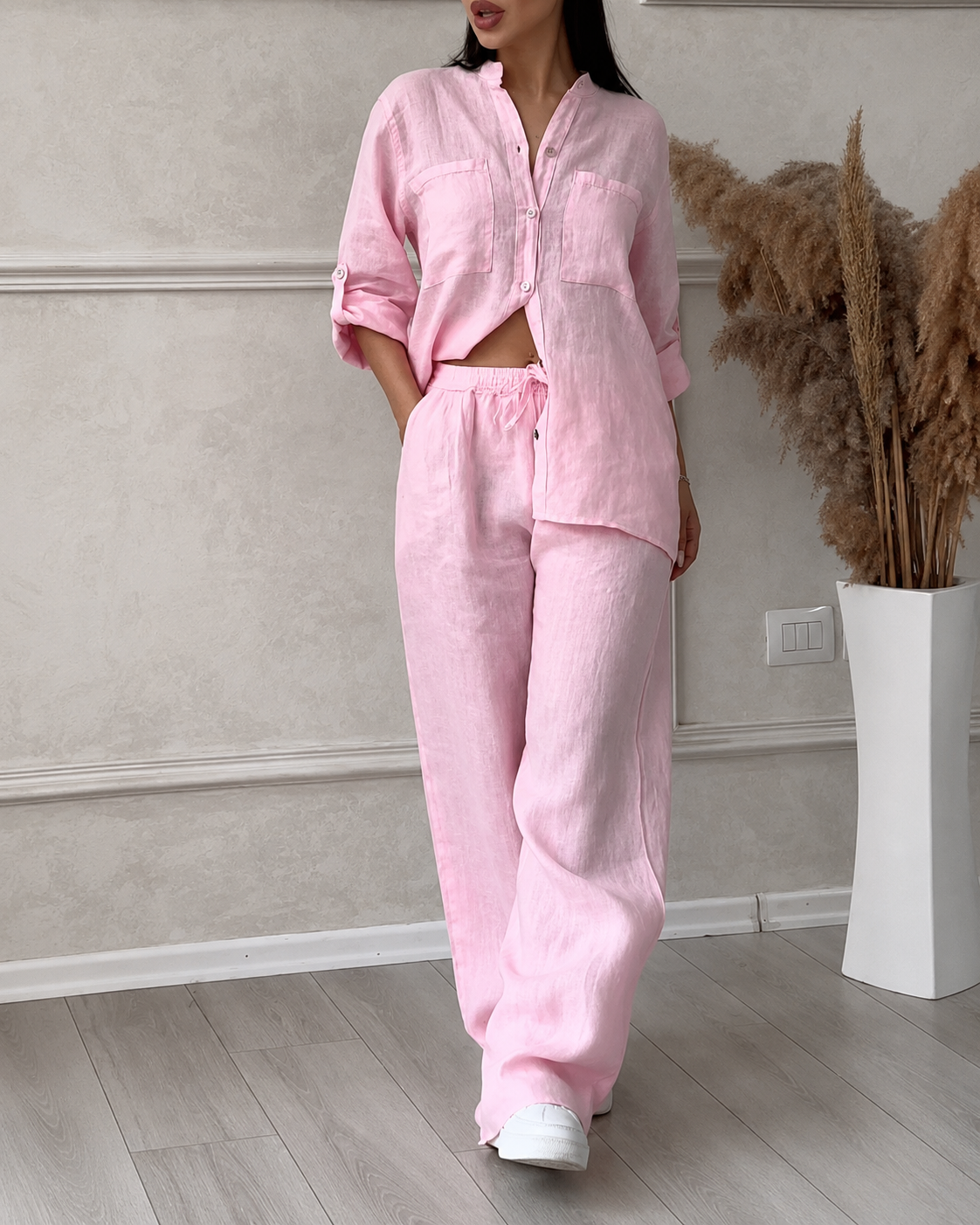 Dames Comfy Two Piece Set Wijde Pijpen En Knoopsluiting