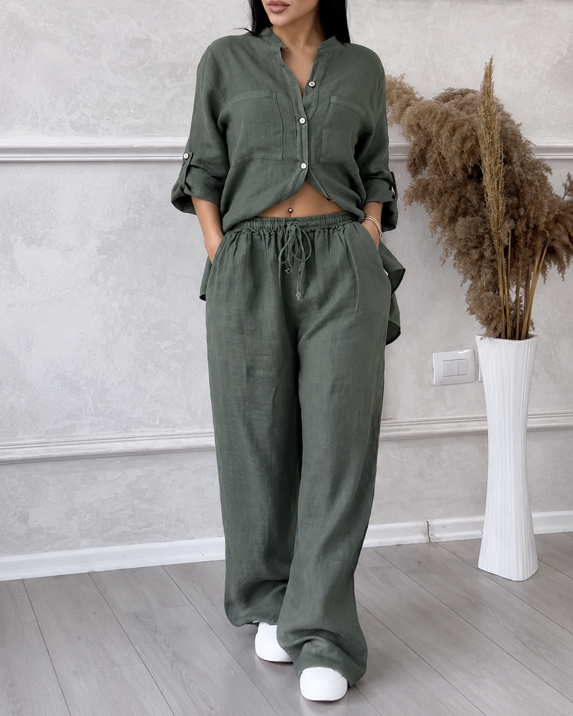 Dames Comfy Two Piece Set Wijde Pijpen En Knoopsluiting