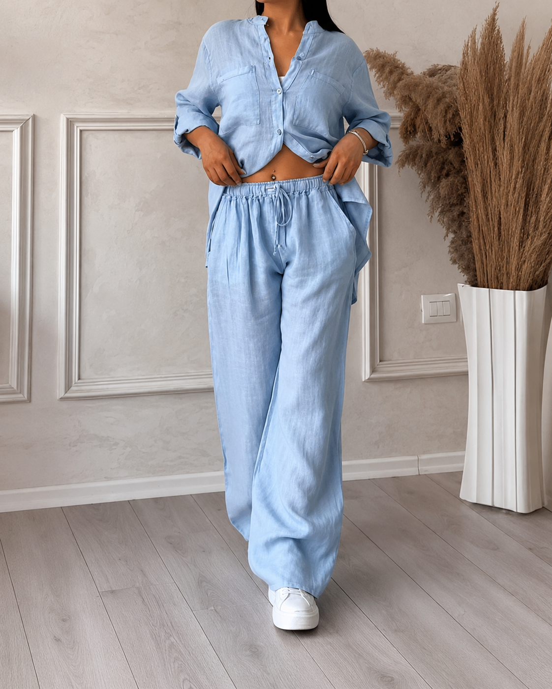 Dames Comfy Two Piece Set Wijde Pijpen En Knoopsluiting