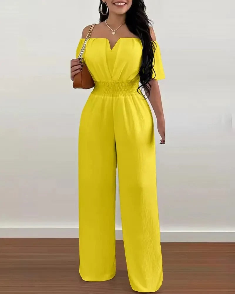 Dames off-shoulder wijde pijpen jumpsuit