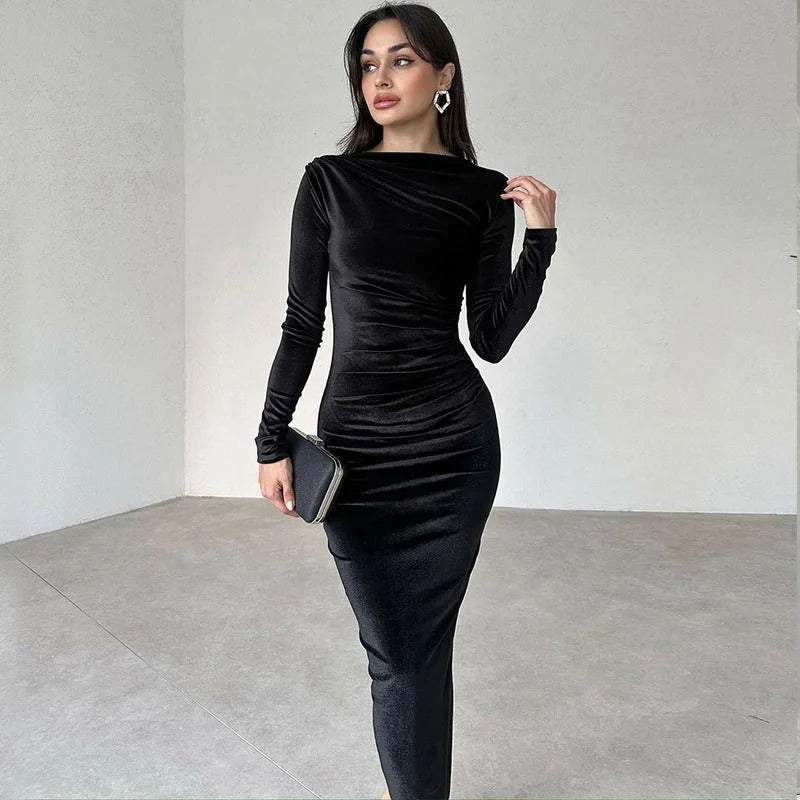 Dames fluwelen midi-jurk met lange mouwen