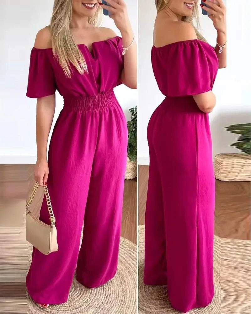 Dames off-shoulder wijde pijpen jumpsuit