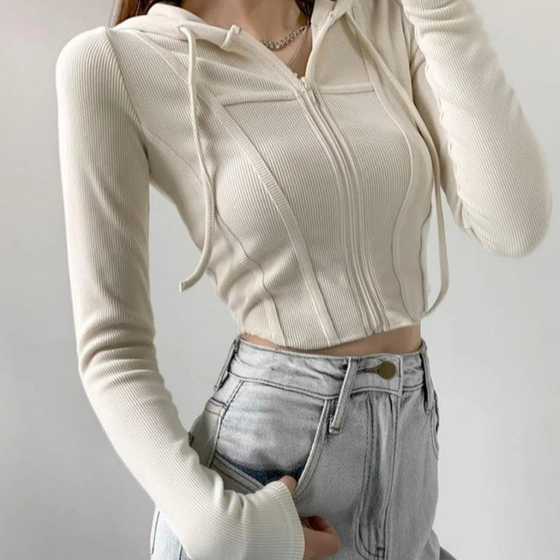 Dames Zip Up Crop Fitted Hoodie