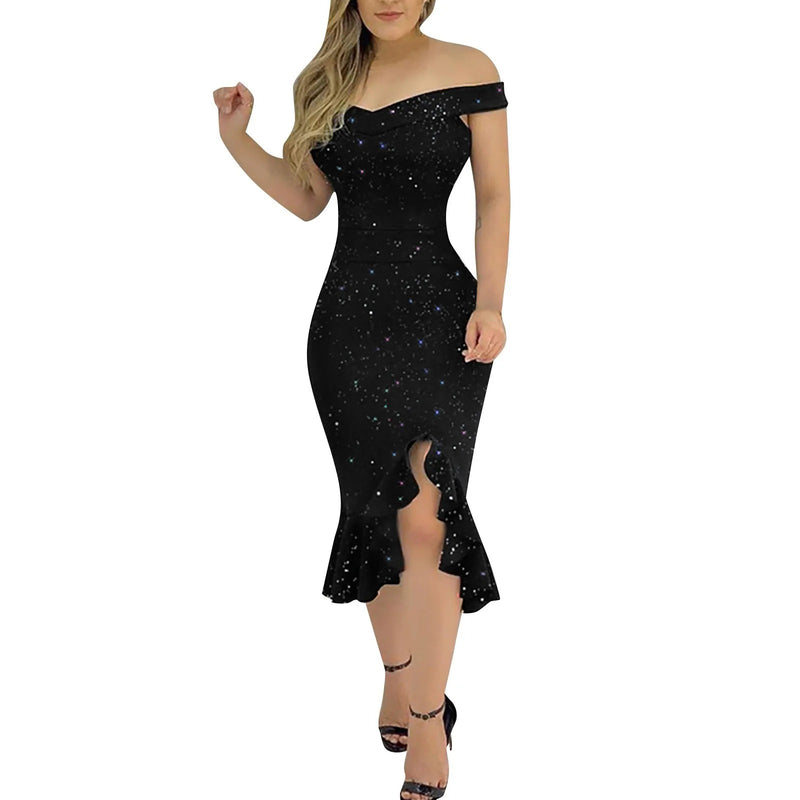 Off-shoulder jurk met pailletten en ruches van chiffon voor dames