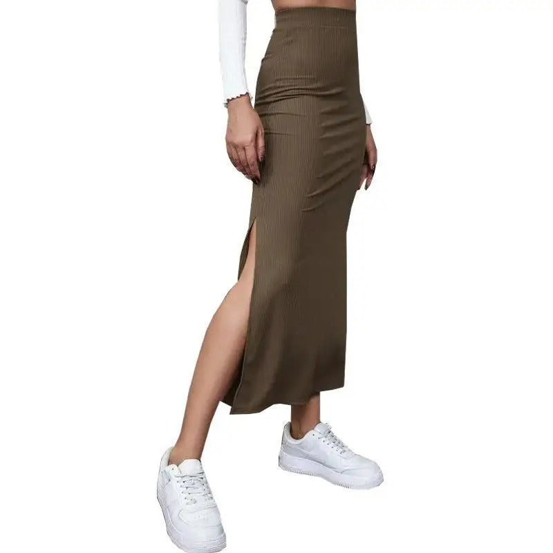 Dames hoge taille geribbelde splitrok