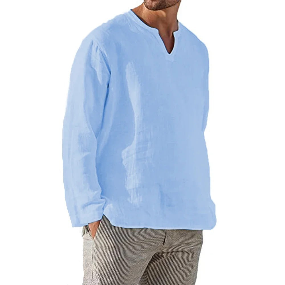 Heren katoenen linnen shirt met V-hals