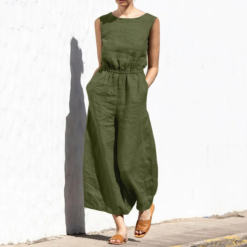 Dames katoenlinnen jumpsuit met hoge taille