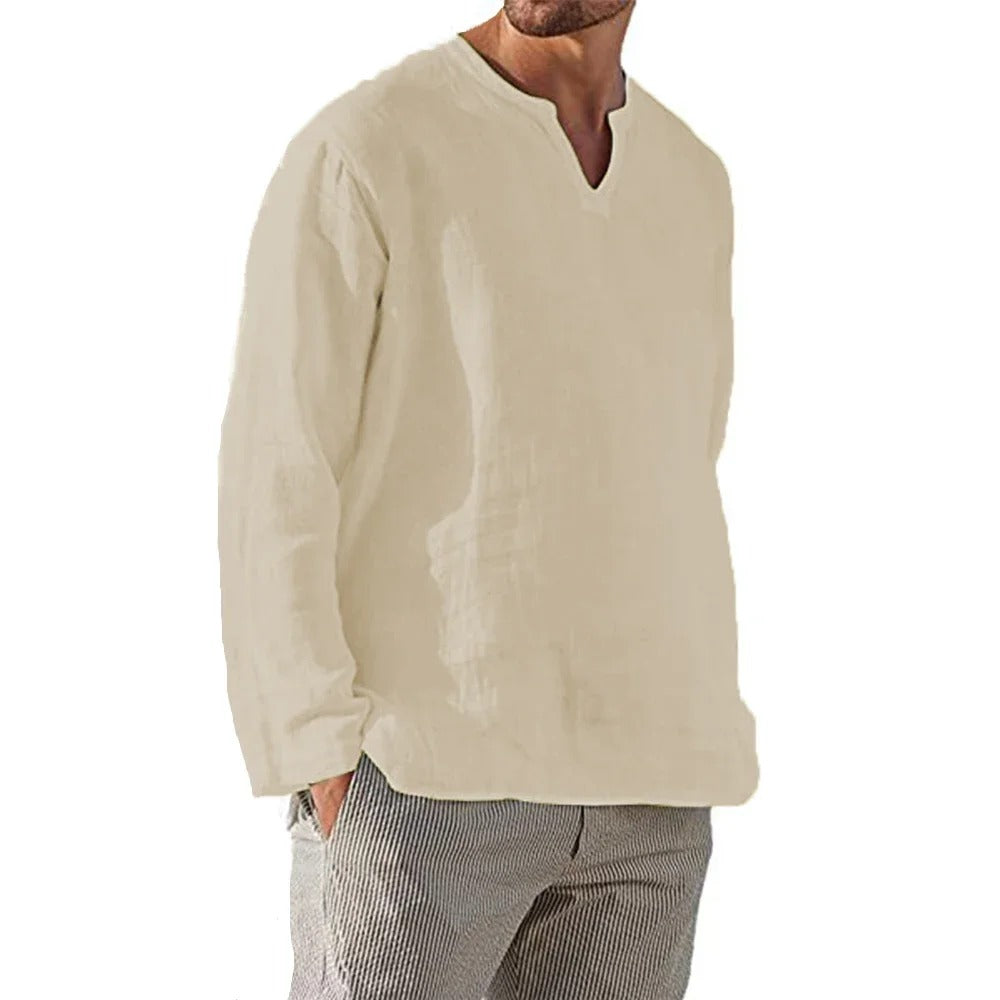 Heren katoenen linnen shirt met V-hals
