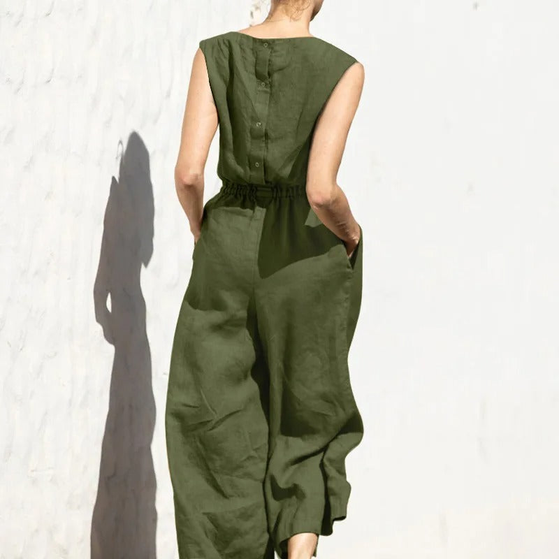 Dames katoenlinnen jumpsuit met hoge taille