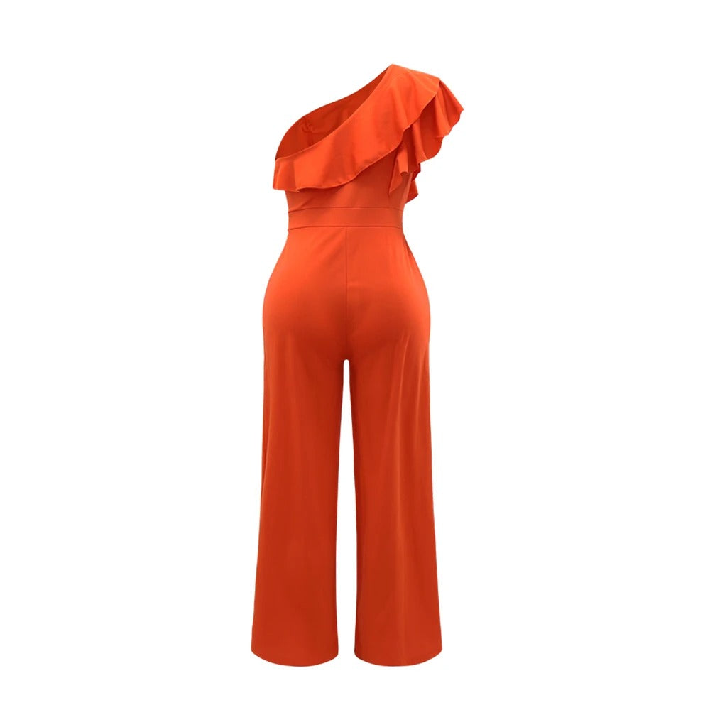Dames jumpsuit met één schouder en ruches