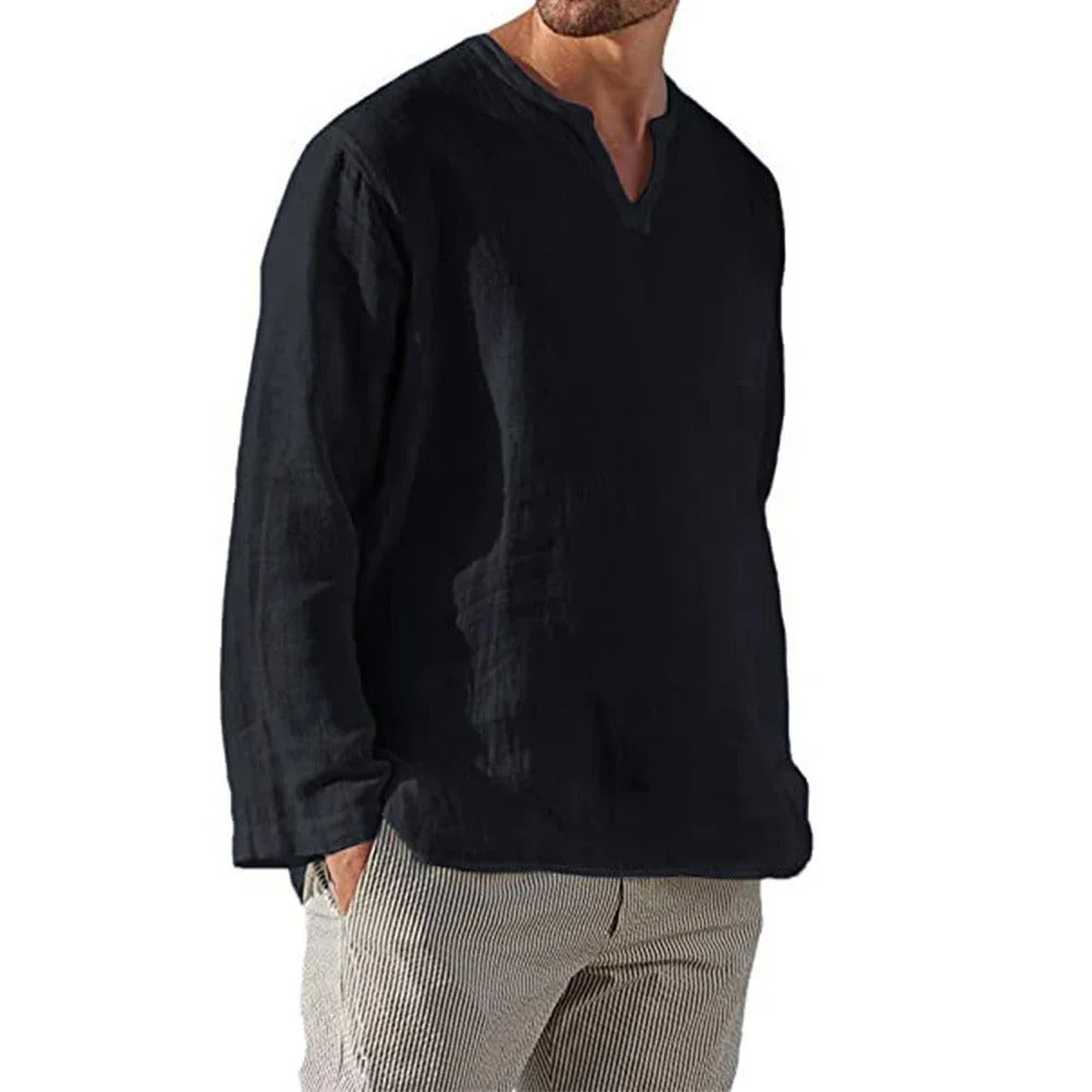 Heren katoenen linnen shirt met V-hals
