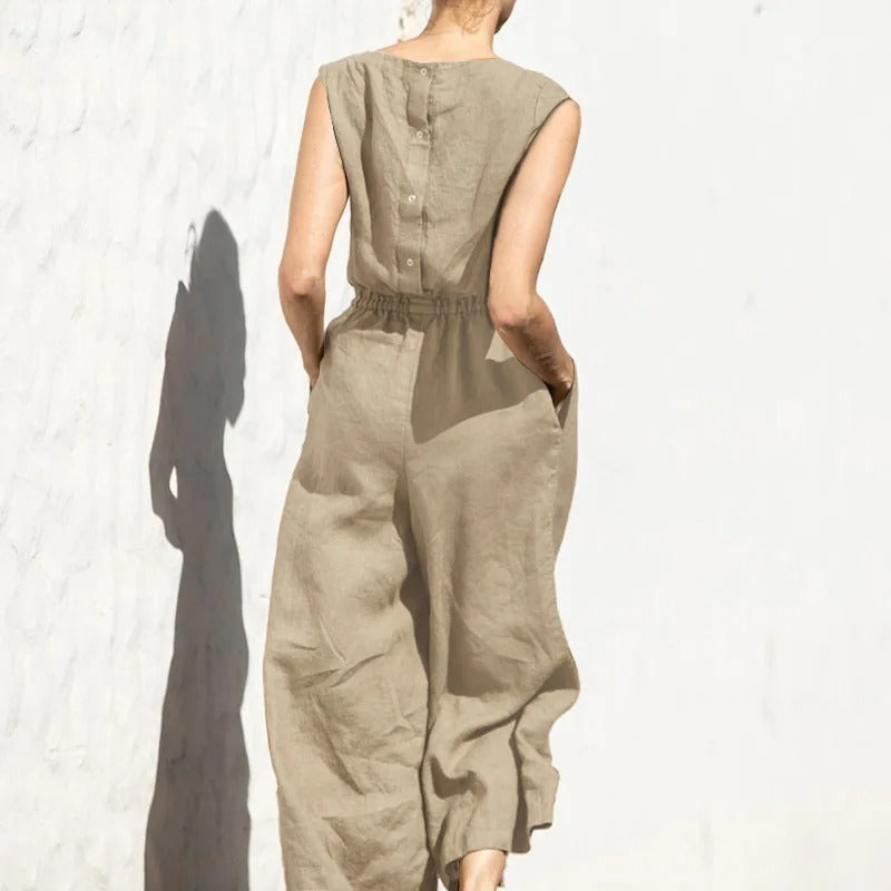 Dames katoenlinnen jumpsuit met hoge taille