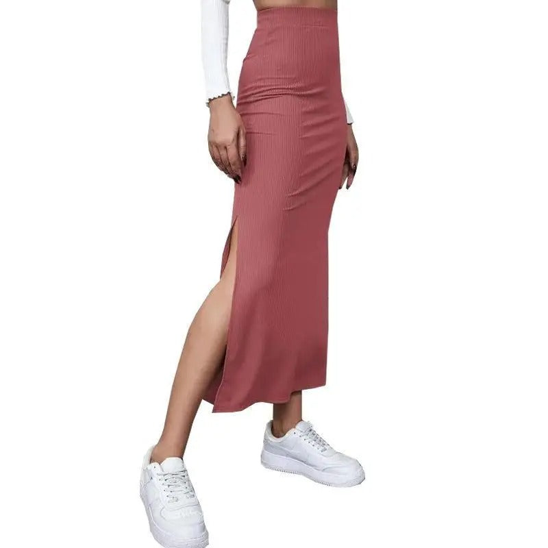 Dames hoge taille geribbelde splitrok