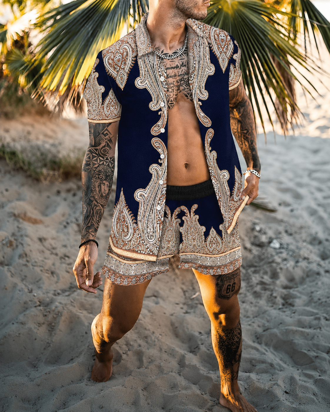 Heren Zomerset met Korte Mouwen en Shorts, Modern Patchwork Design