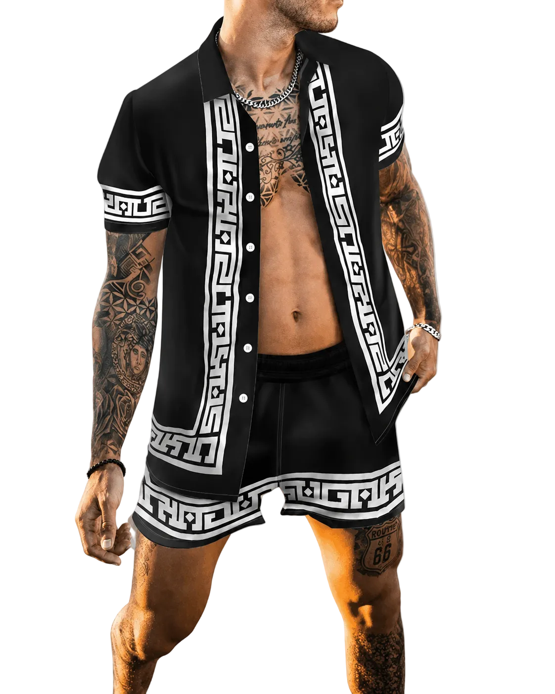 Heren Zomerset met Korte Mouwen en Shorts, Modern Patchwork Design