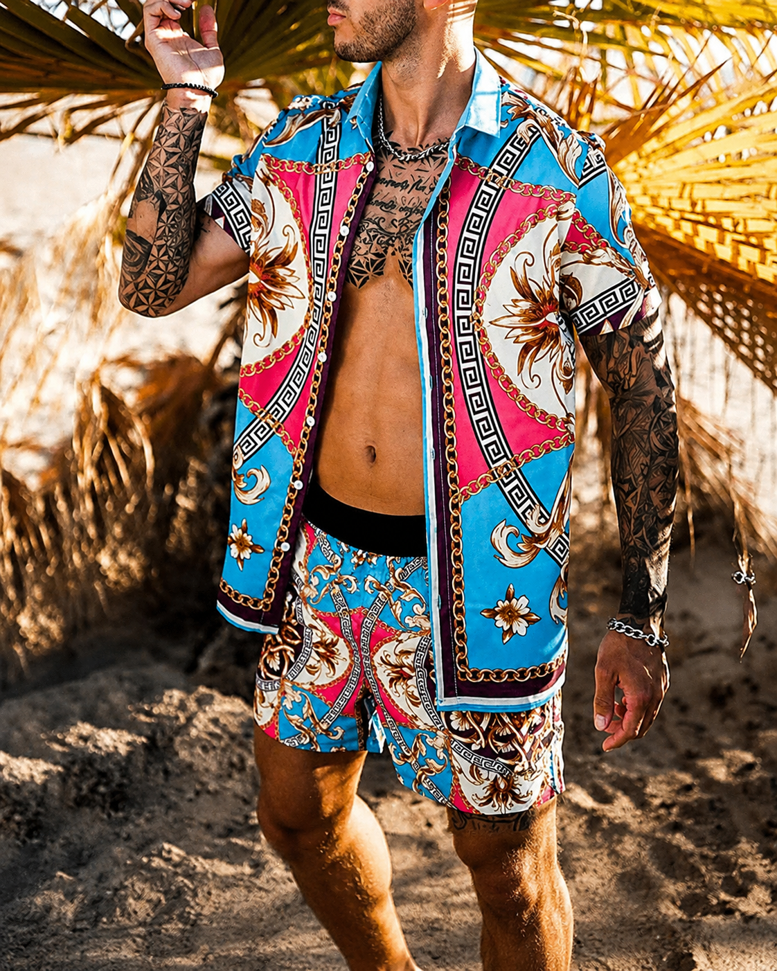 Heren Zomerset met Korte Mouwen en Shorts, Modern Patchwork Design