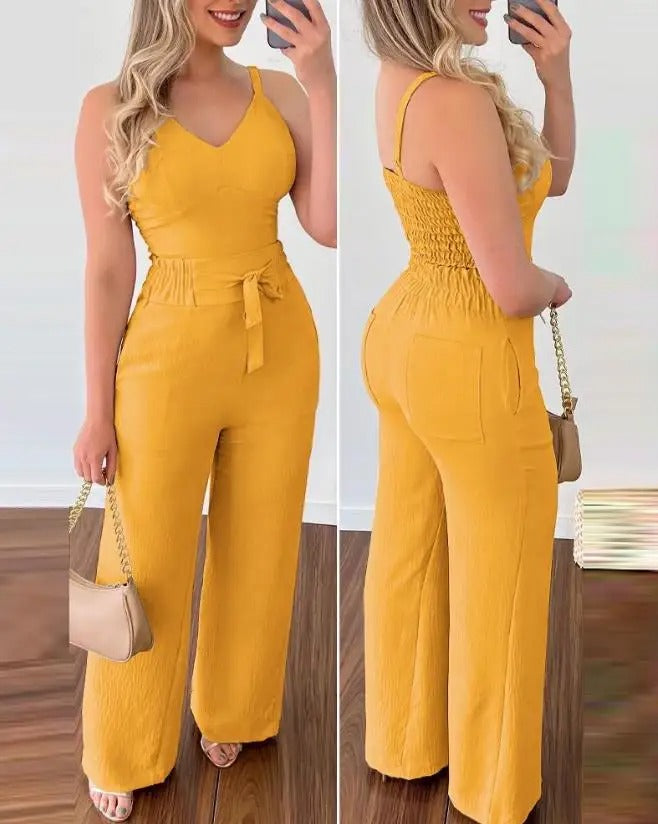 Backless jumpsuit met spaghettibandjes en V-hals