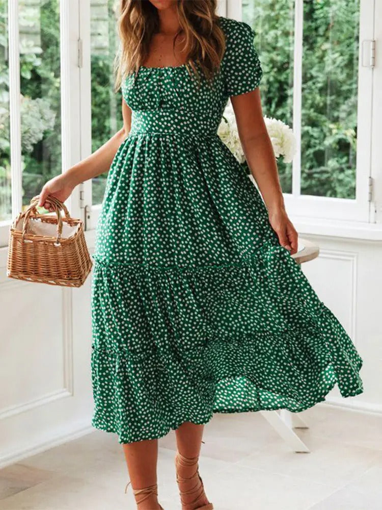 Dames Maxi Dress met Vierkante Hals en Bloemige Pofmouwen