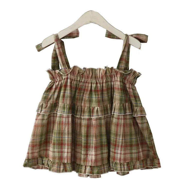 Dames geruite crop tanktop met vetersluiting